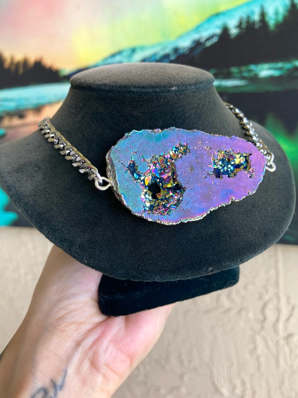 Druzy geode agate slice Celtic knot handmade boho silver necklace